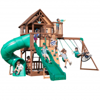 Complex Ansamblu de Joaca SkyFort cu Tub Spirala din lemn de cedru - Loc Centru de exterior multifunctional cu tobogan elicoidal si 3 nivele de joaca Sky Fort III Backyard Discovery  
